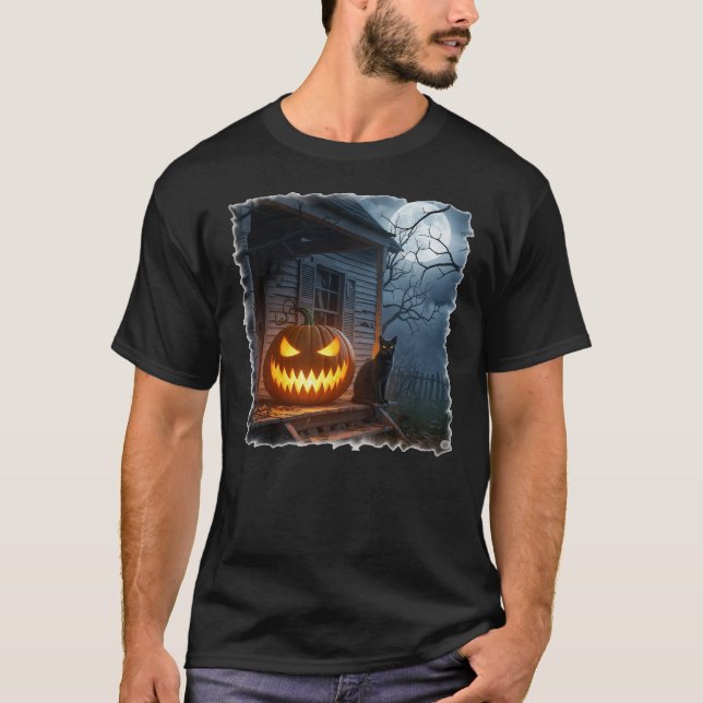 Halloween-katt med Jack-o-Lantern T Shirt (Framsida)
