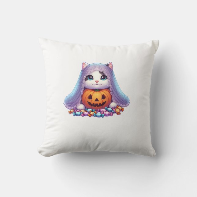 Halloween Katt med Pumpa och Godis Långärmad T Kudde (Framsida)