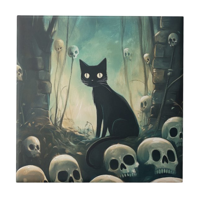 Halloween Katt och Döskallar Kakelplatta (Framsidan)