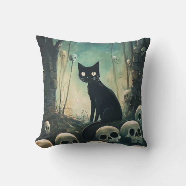 Halloween Katt och Döskallar Kudde (Framsida)