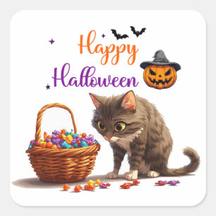 Halloween Katt Och Jack O Lantern Godis Överraskni Fyrkantigt Klistermärke
