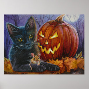 Halloween Katt- och musnr 2 Vattenfärg Art 18x24 Poster