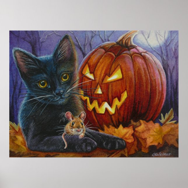 Halloween Katt- och musnr 2 Vattenfärg Art 18x24 Poster (Framsidan)