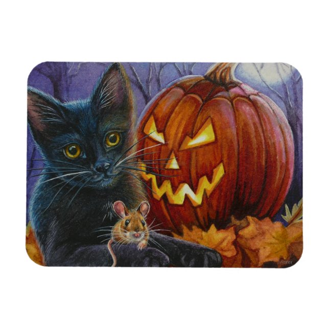 Halloween Katt- och musnr 2 Vattenfärgsbild Magnet (Horisontell)