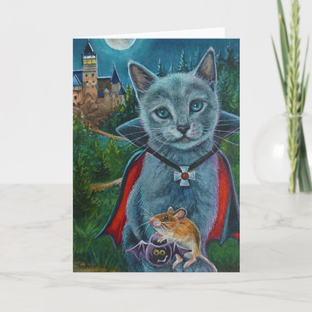 Halloween Katt- och musnr 3 Vattenfärgsbild Kort (Framsida)