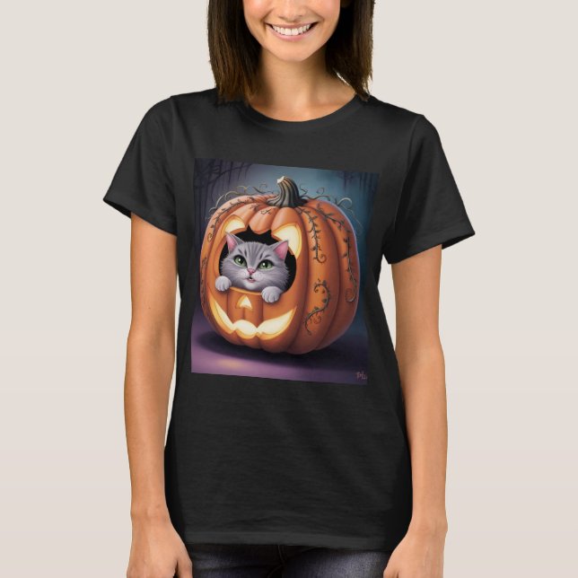 Halloween Katt och Pumpkin T Shirt (Framsida)