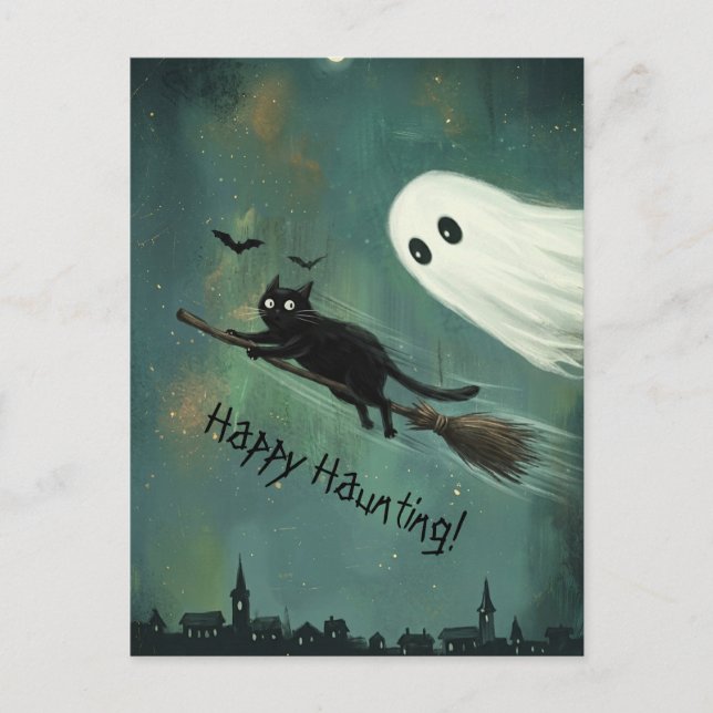 Halloween Katt och Spöke hemsöker Vykort (Framsida)