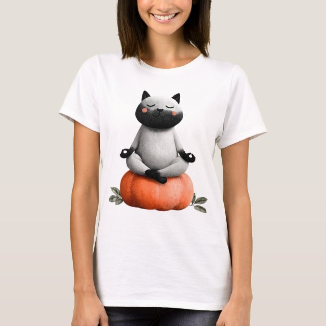 Halloween-katt på Pumpkin Design T Shirt (Framsida)