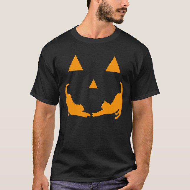 Halloween Katt Pumpa Ansikte Festdräkt T Shirt (Framsida)