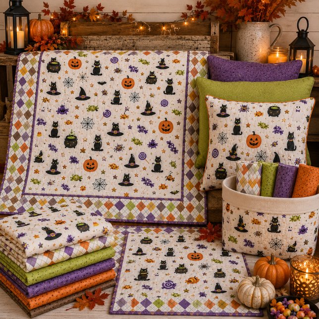Halloween Katt Pumpa Häxhattar Lila Orange Tyg (Skapare uppladdad)