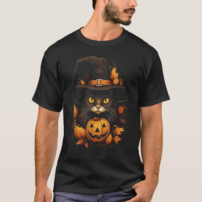 Halloween Katt Pumpa Höst Fall Häxa Hatt Kostym T Shirt (Framsida)