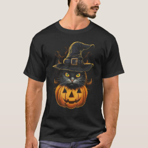 Halloween Katt Pumpa Kostym Häxa Hatt Svart Katt T Shirt