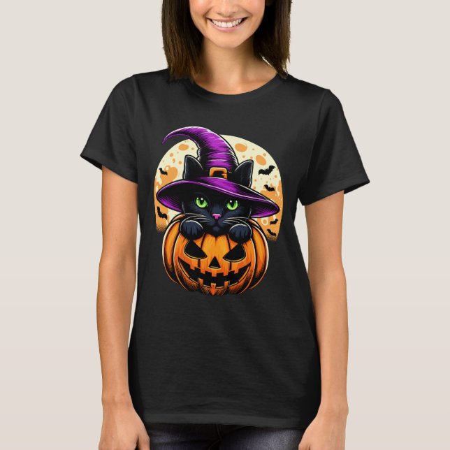 Halloween-katt Pumpa Svart Katt Föreställning T Shirt (Framsida)
