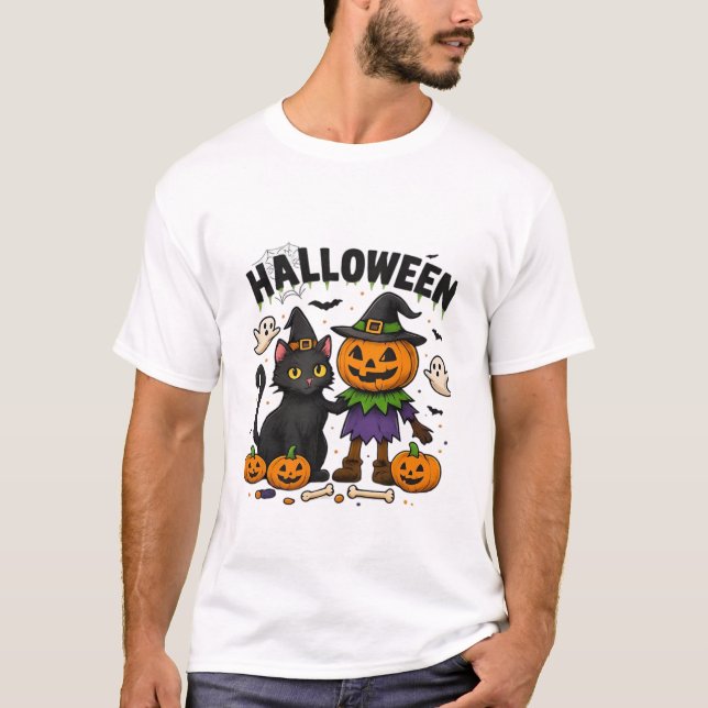 Halloween Katt & Pumpa Vänner  Söt Skräcktröja T Shirt (Framsida)