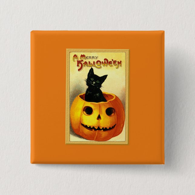Halloween Katt Sitter i Jack O Lantern Knapp (Framsida)
