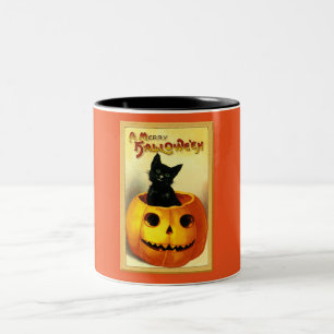 Halloween Katt Sitter i Jack O Lantern Två-Tonad Mugg