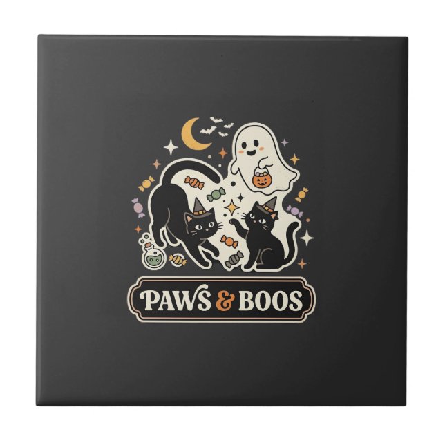 Halloween Katt Spök Magi Kakelplatta (Framsidan)