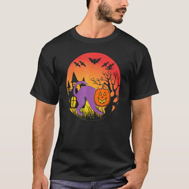 Halloween Katt Spökhus Häxa Fladdermöss T Shirt (Framsida)
