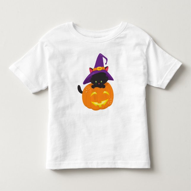 Halloween-katt, svart katt, beck, hatt, pumpkin t shirt (Framsida)
