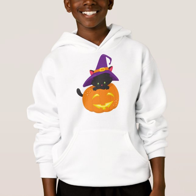 Halloween-katt, svart katt, beck, hatt, pumpkin t shirt (Framsida)