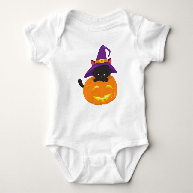 Halloween-katt, svart katt, beck, hatt, pumpkin t shirt (Framsida)