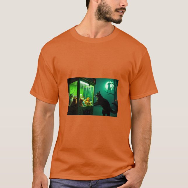 Halloween-katt tittar vid klo maskin t-shirt (Framsida)