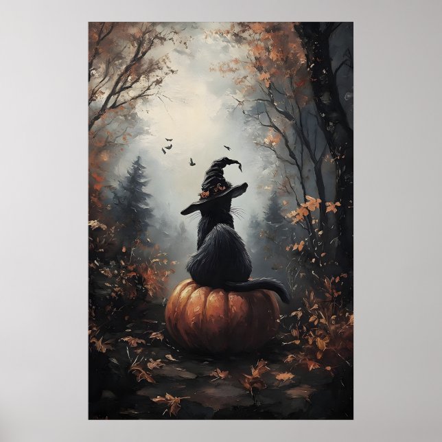 Halloween Katt Tryck, Häxhatt, Pumpa, Gotisk Poster (Framsidan)