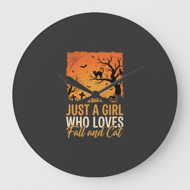 Halloween Kattälskare Höst Solnedgång Grafik Stor Klocka (Framsida)