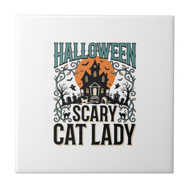 Halloween Kattdam Haunted Hus Vintage_1 Kakelplatta (Framsidan)