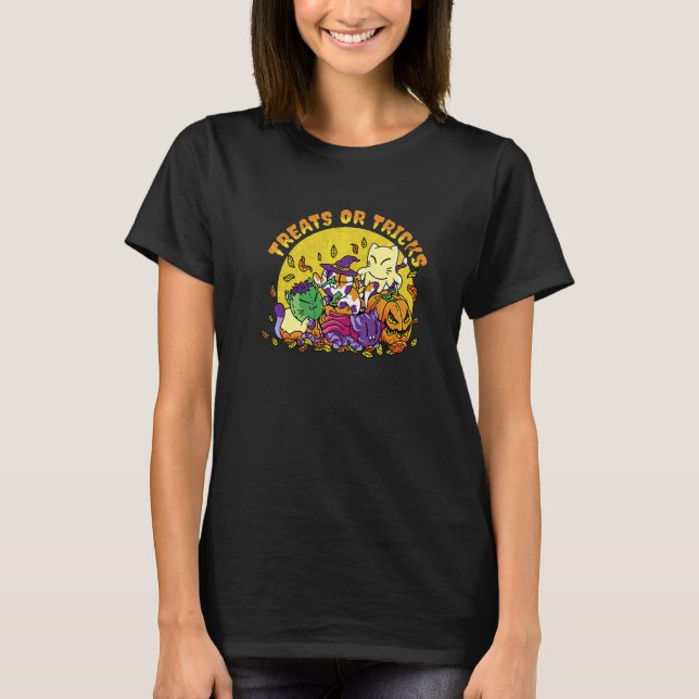 Halloween Katter Bus eller Godis T Shirt (Framsida)