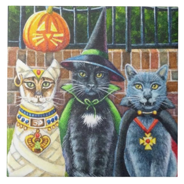 Halloween-katter i Costume Watercolor Art Kakelplatta (Framsidan)