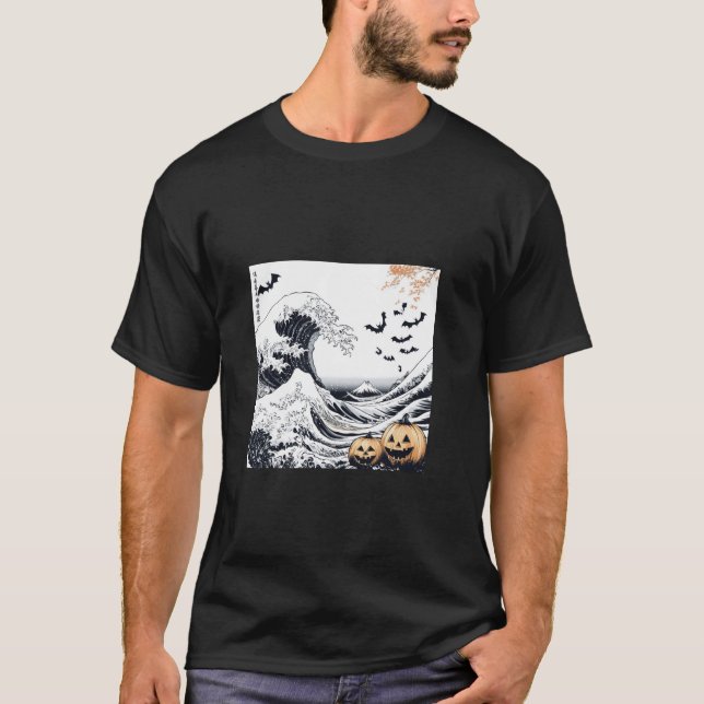 Halloween-katter i Hokusais Underbara Wave T Shirt (Framsida)