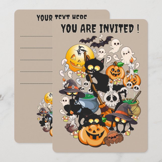 Halloween Katter Rolig Fest Inbjudningar (Fram/baksida)