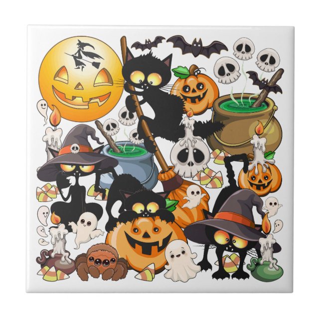 Halloween Katter Rolig Fest Kakelplatta (Framsidan)