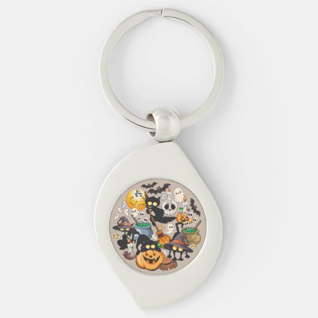 Halloween Katter Rolig Fest Swirl Silverfärgad Nyckelring (Framsidan)