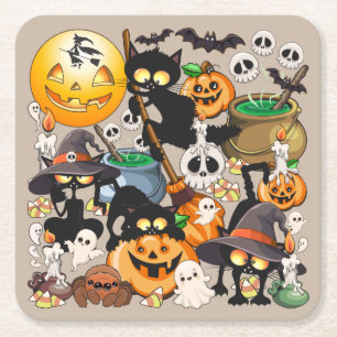 Halloween Katter Rolig Fest Underlägg Papper Kvadrat