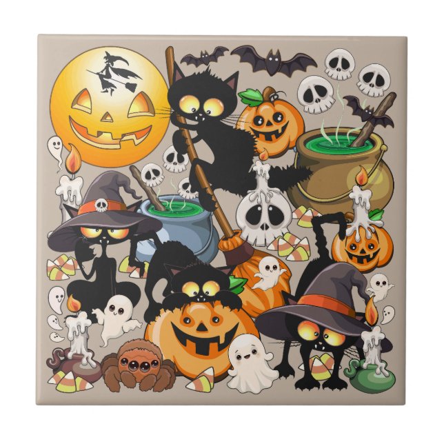 Halloween Katter Rolig Party Kakelplatta (Framsidan)