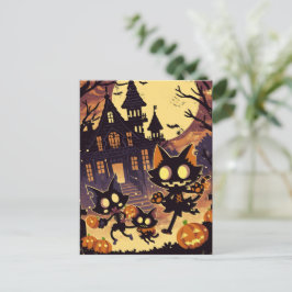 Halloween katter vid det spökhuset helg vykort
