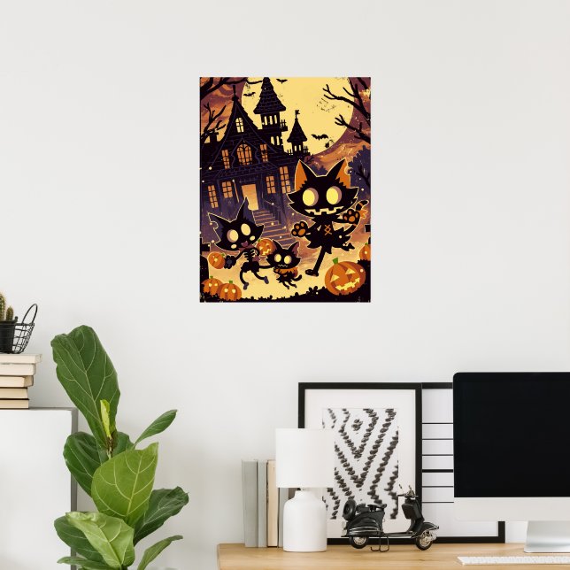 Halloween-katter vid det spökhuset poster (Hemmakontoret)