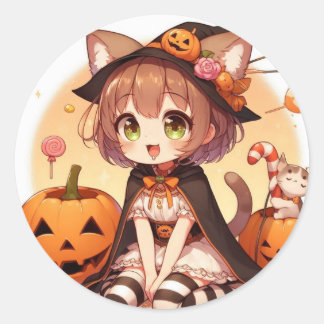 Halloween-kattflicka Runt Klistermärke