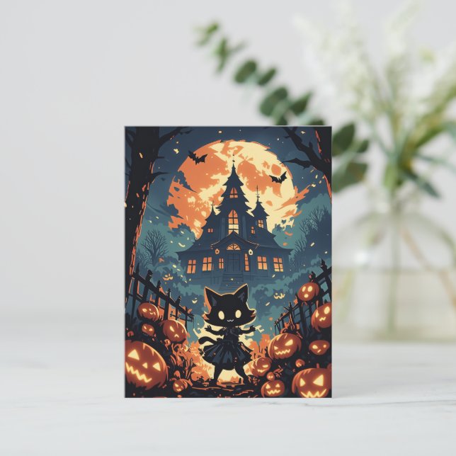 Halloween Kattflicka vid det Spökhuset Helg Vykort (Stående Fram)
