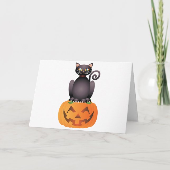Halloween kattsitta på pumpaillustration kort (Framsida)