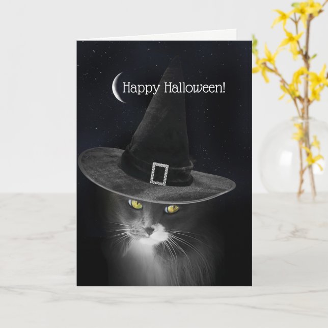 Halloween Kattunge med Witch Hat Darling och Cute Kort (Gul blomma)