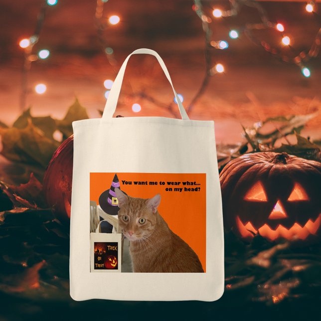 Halloween Kattunge Ornage Cat Funny Quote Treaters Tygkasse (Halloween Kitty - Wear What Tote Bag)