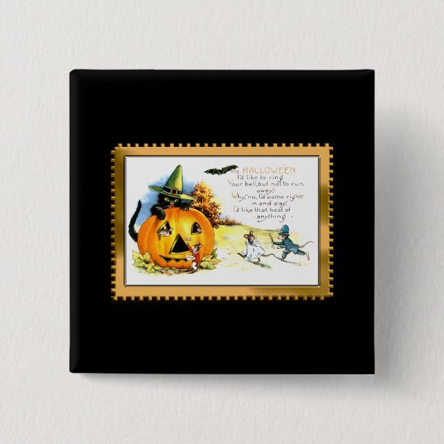 Halloween Kattunge Sitta i Jack o lantern Knapp (Framsida)