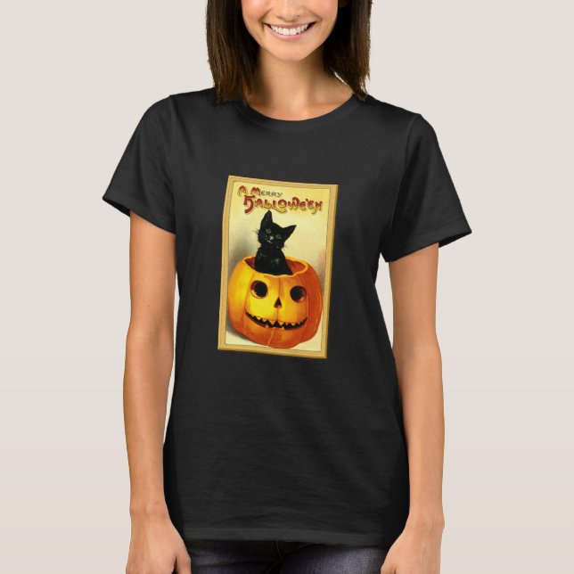 Halloween Kattunge Sitta i Jack o lantern T Shirt (Framsida)