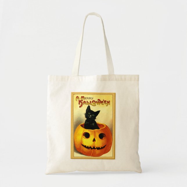 Halloween Kattunge Sitta i Jack o lantern Tygkasse (Framsidan)