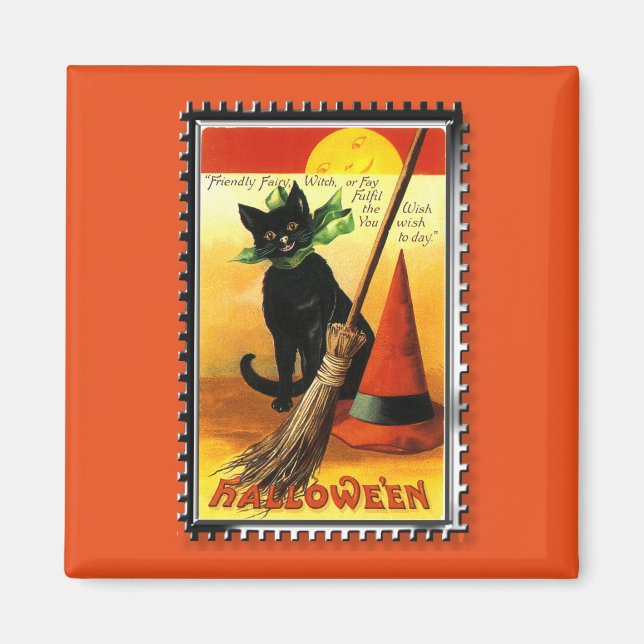 Halloween Kattunge Sitta Witches Hat Magnet (Framsidan)