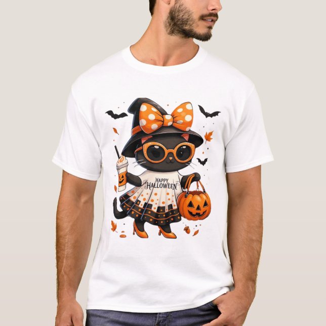 Halloween Kawaii Katt � Häxkatt med pumpa och  T Shirt (Framsida)