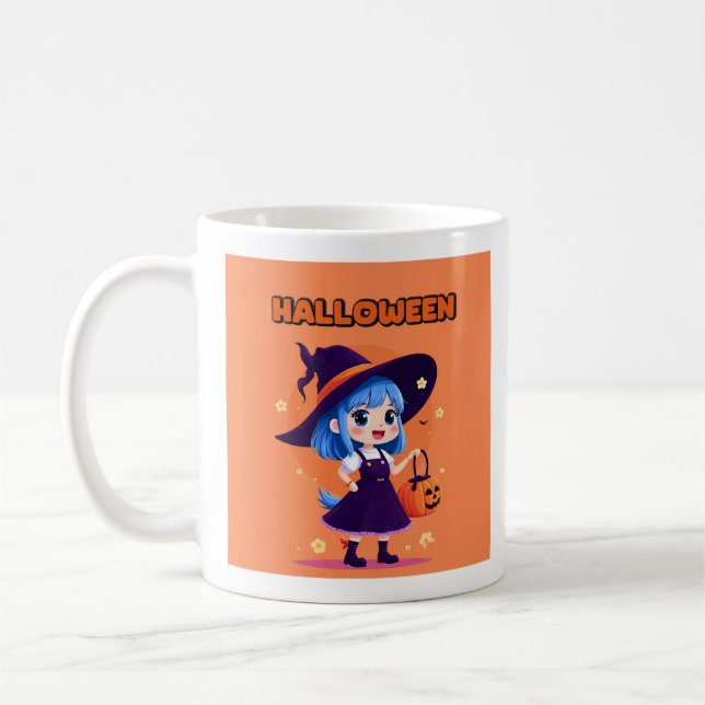 Halloween Kawaii Witch Mug – Blue Hair Pumpkin Kaffemugg (Vänster)